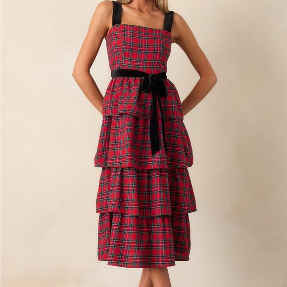 SUGARLIPS ELEGANCE DEFINED 100% COTTON RED PLAID TIERED MIDI DRESS - Picture 7 of 16